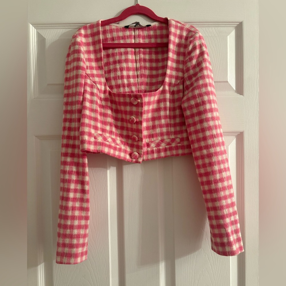 Zara Pink and White Checkered Blazer